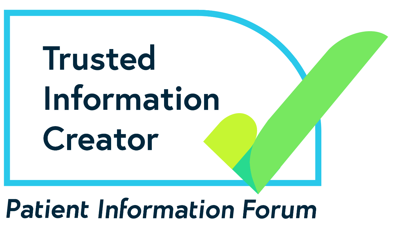 PIF TICK logo with the words Trusted Information Creator and Patient Information Forum. There is a blue rectangular border with a big green tick